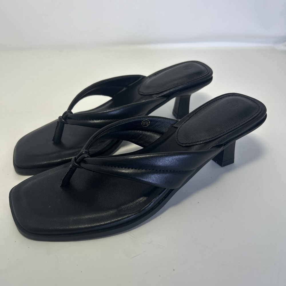 Ownmeen Women Kitten Heel Thong Sandals Size 6.5 Black Square Open Toe Mules NIB